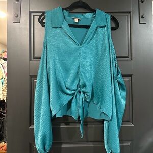 Teal Women's Top with Tie Front